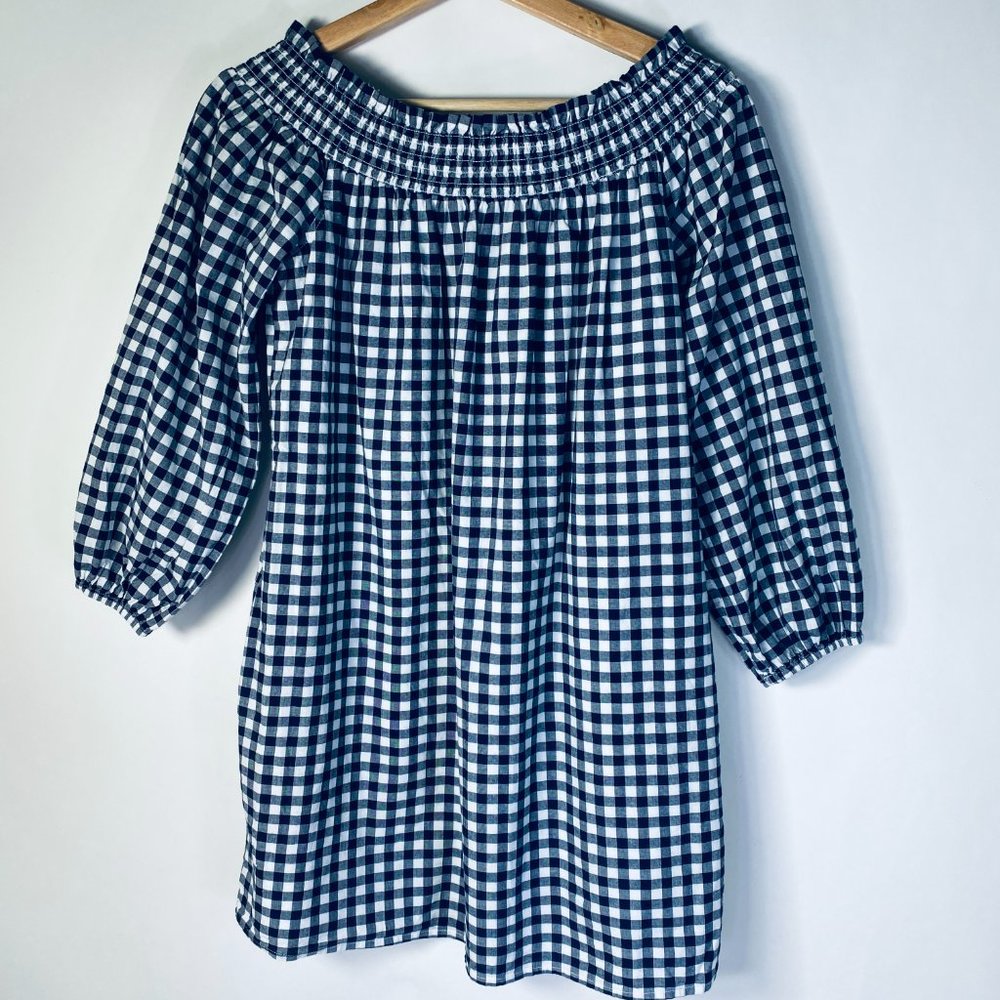Abercrombie & Fitch Gingham Navy White Cotton Dress/Tunic Off Shoulder Pockets